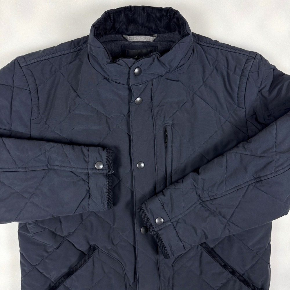 J Crew Sussex Quilted Jacket Mens Medium Navy Full Zip Snap Primaloft Coat AQ431